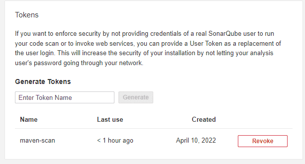 SonarQube API token window